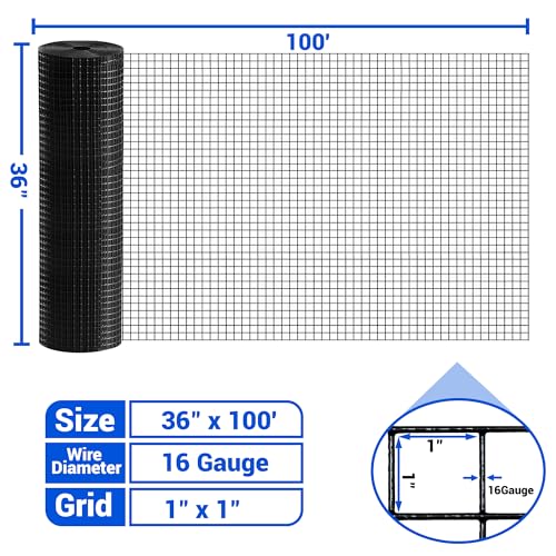 Black Hardware Cloth 16GA 1 inch 36inch(H) x 100ft(L), 16Gauge Wire Mesh Roll for Chicken Wire Fencing Metal Garden Fence Powder Coated Galvanized Welded Fence Poultry Cage Home Improvement Projects - color: Black, size: 16GA 1x1 36"x100'