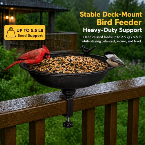 12 Inch Deck Mounted Bird Bath & Bird Feeder for Deck Railing, Clip On | Clamp On Bird Feeder, Porch Bird Bath, Fence Mount Railing Bird Feeder, Patio Garden, Rust Resistant Solid Metal 2-in-1