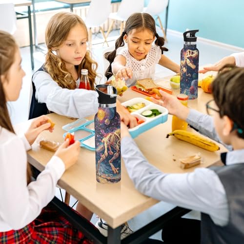 Dinosaur Water Bottles for Boys Oil Painting Leakproof Insulated Flask Jug Insulated Stainless Steel Travel Mugs Thermos Bottle Cups with Straw Lid for Sport 600ml - color: oil painting t-rex running