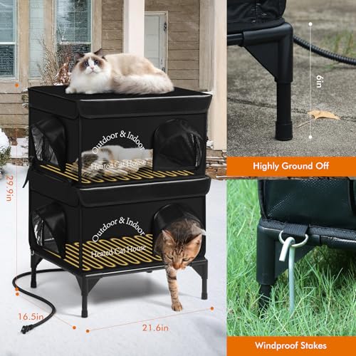 2 Story Heated Cat House for Outside, 100% Waterproof, Safe Escape Door, Elevated Base, Weatherproof Insulated Shelter for Stray Feral Barn Cat - style: Black Cat House 03