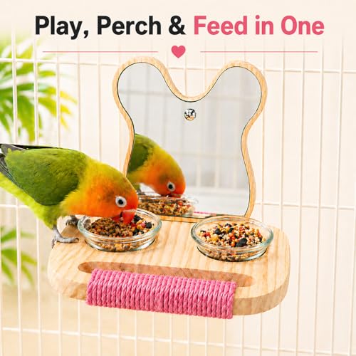 Bird Mirror with Perch and Feeder, Wooden Birds Toys Bird Cage Accessories for Parrots to Expend Energy, Interactive Toys for Greys Amazons Parakeet Cockatiel Conure Lovebirds Finch Canaries - size: 5.9 inch