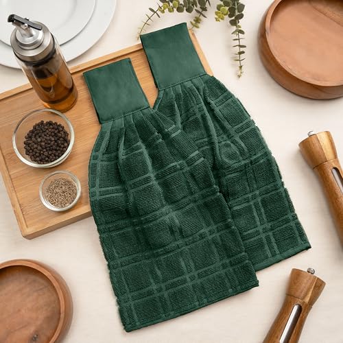 Blue Needles Hanging Kitchen Towels - Forest Green 100% Cotton Solid Kitchen Tie Towel, Set of 2 Hand Dish Cloth with Hanging Loops 9 x 17 Inches, Absorbent, Super Soft, and Fast Drying Home Essential - color: Forest Green