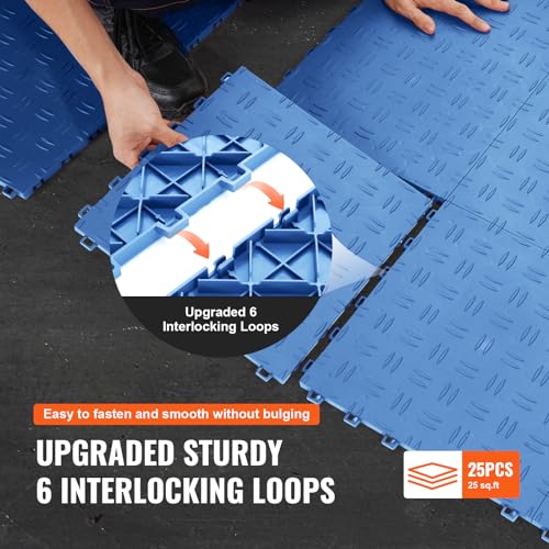 VEVOR Garage Floor Tiles 12 x 12 x 0.53 inch, Interlocking Design Ease of Installation Double-Sided Texture Non-Slip Sturdiness, for Garages, Basements, Repair Shops, Blue, 25 Pack | Easy Installation Double-Sided Texture Non-Slip Sturdiness, Polypropylen