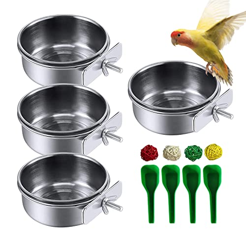 kathson Stainless Steel Bowls for Birds,4 Pcs Parrot Feeder Dish Cups,Bird Cage Water Food Bowl Coop Cup with Clamp Holder for Parrots Cockatiel Budgies Parakeet Lovebird(S) - size: 【S:3.9x1.6 Inches】