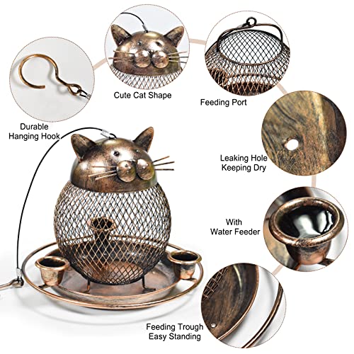Bird Feeders for Outdoors Hanging, Heavy Duty Cute Cat Bird Feeder | Metal Wild Bird Feeder Equipped with Water Feeding Cups, Finch Sparrow Birdfeeder for Garden Yard Lawn Decor