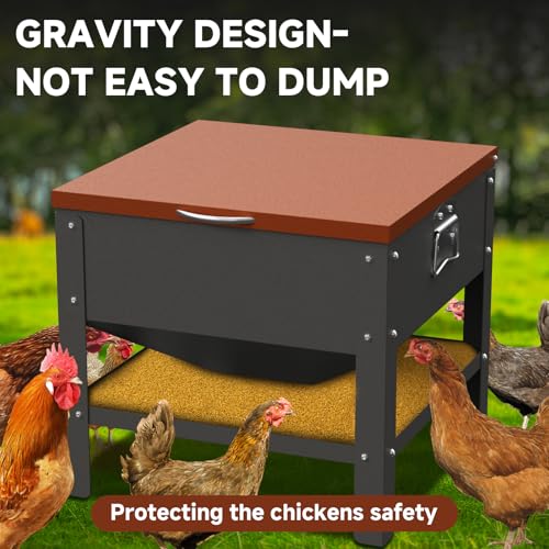 Metal Chicken Feeder with Waterproof Cover, Galvanized Steel Automatic Chicken Feeder, 80 lbs Large Capacity, No Waste Chicken Feeder with Portable Handles, Poultry Feeder for Chickens, Ducks - color: Orange