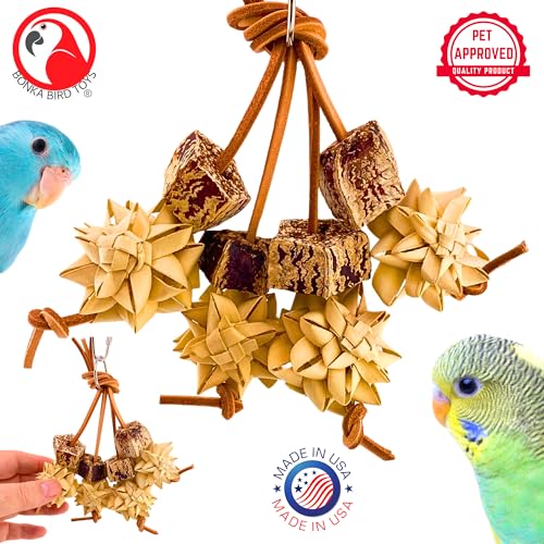 Bonka Bird Toys 1056 Palm & Pod Forage Cluster 5" x 3" Natural Mahogany Pods Palm Flowers Leather Strands for Parrotlets Budgies Lovebirds Small Parrots Cage Enrichment