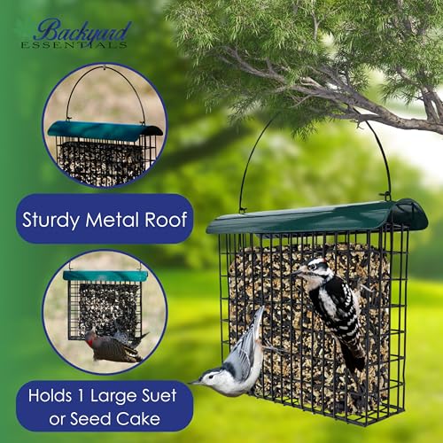 Large Suet Feeder - Metal Woodpecker Suet Cage w/Roof | Holds 1 Large Seed Cake. Metal Roof Keeps Suet Dry. Multiple Clinger Birds Feed at Once - Woodpeckers, Finches, Chickadees.