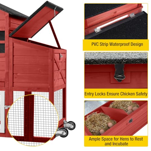 AIVITUVIN Chicken Coop with Nesting Box Mobile Chicken House on Wheels for 2-4 Chickens Rabbit Hutch Pull-Out Tray Wooden Poultry Cage Red - color: Red