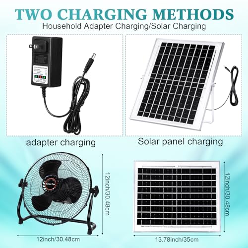 Tujoe 15000Mah 12 Inch Solar Panel Powered Fan, 2 in 1 Solar Panel or AC Charger Powered Fan 12W 9V Portable for Chicken Coop Greenhouse Household Exhaust Camping Travel Outdoor(Black)