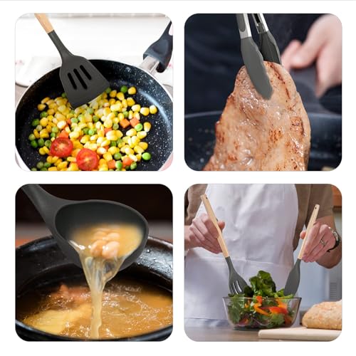 Non-Stick Silicone Cooking Utensils Set, 5 Pcs with Wooden Handle, Heat Resistant Silicone Kitchen Gadgets (Gray) - color: 5 PCS Set Grey