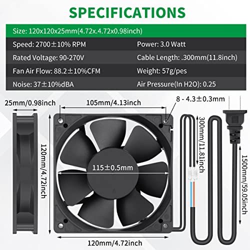 120mm EC Cooling Fan, 110V-240V AC Ball Bearing | Brushless motor, 25mm slim profile, AC plug. Ideal for DIY mini boxes, electronics cabinet exhaust, plant ventilation - style: 120mm x 25mm