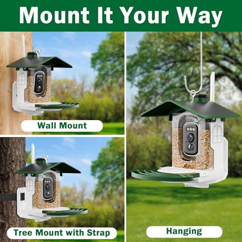 Smart Bird Feeder with Camera, Solar Powered Outdoor House, Green | 2K HD Video, AI Auto Capture Birdhouse, Dual Solar Power Design, Supports Micro SD Card up to 128GB (Not Incl.) - color: Medium Green