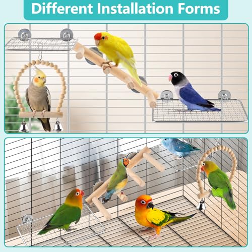 DBNESS 4Pcs Bird Perches Toys, Stainless Steel Perch Platform (2 Sizes), Natural Wood Parrot Climbing Ladder & Swing with Bell, Play Gym Cage Accessories for Budgie Cockatiel Lovebird Canary Conure