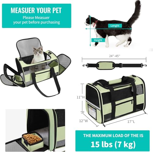 Soft Side Cat Carrier Airline Approved for Puppy Kitten Dog Carriers for Small Medium Cats Under 15lb, Collapsible TSA Approved Travel Pet Carrier, Green - color: Green