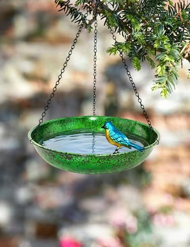 Hanging Bird Bath for Outside, 11” Metallic Green & Blue Metal Birdbath Bowl & Feeder with Black Chain Outdoor Garden Yard Decor (0.5 Gallon) - color: Metallic Green & Blue