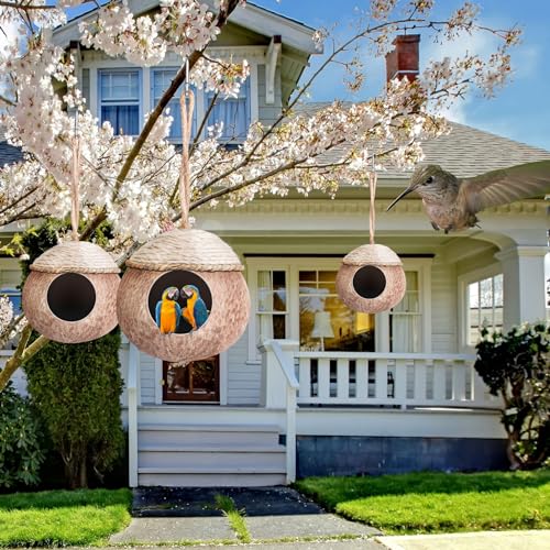 Suzile 3 Pcs Natural Coconut Bird Nest for Cage Hanging Birds House Parakeet Hide Breeding Hut Bird Cage Habitats Decor for Parrot, Cockatiel, Lovebird, Finch, Squirrel, Hamster