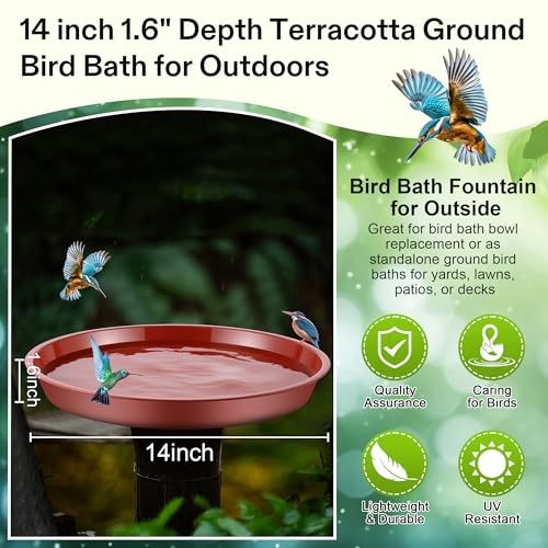 3 Pack Plastic Bird Bath Bowl, 14”Ground Bird Baths for Outdoor(Terracotta | Large Durable Birds Bath Dish for Garden Yard, Birds Water Bowl Feeder Tray Replacement, Weather Resistant ABS Plastic - color: Terracotta