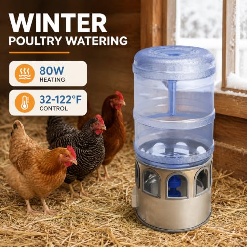Chicken Water Heater 5 Gal, 80W Heated Poultry Waterer, 110V | 32-122°F Control, 80W Heating, 9 Drinking Ports, Stainless Steel, 9.8 Ft Cord