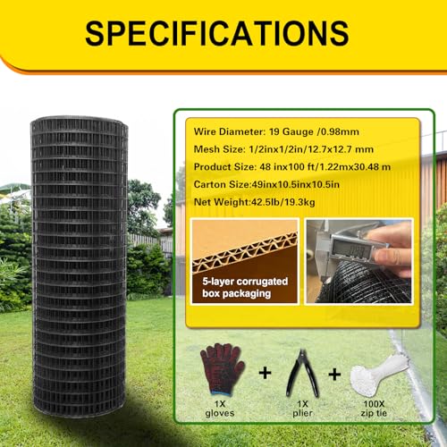 Black Hardware Cloth 1/2inx48inx100ft, Chicken Wire Fencing, 19Gauge, Vinyl PVC Coated Mesh, Welded Wire mesh, Perfect for Gopher Wire, Rodent Mesh, Tree Guard, Chicken Coop - size: 1/2inx48inx100ft
