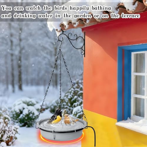 Adnee 1 Set 100W Thermostatical Hanging Heated Birdbath for Winter Outdoor | Winter Heated Bird Bath with Power Cord and Hanging Chain, Hanging Garden Bird Bath for Outside Patio Yard Decor
