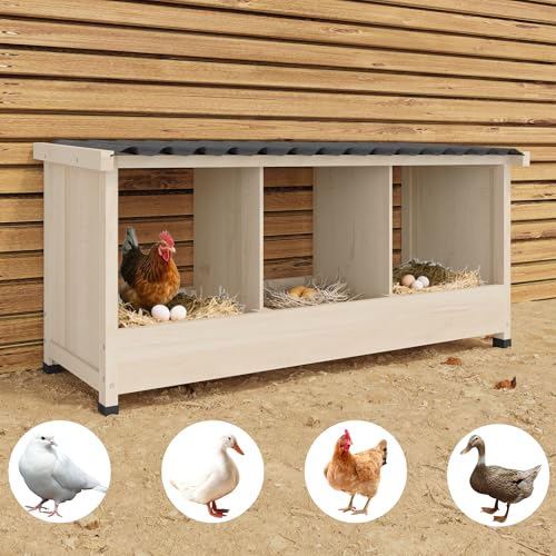 3 Holes Wooden Chicken Nesting Box, Wall Mounted or Floor Use | Chicken Coop Accessorie with PVC Roofing, Preventing Egg Falls, Easy to Assemble, Backyard and Farms, Natural Wood - size: 37.8"L x 13.0"W x 16.9"H
