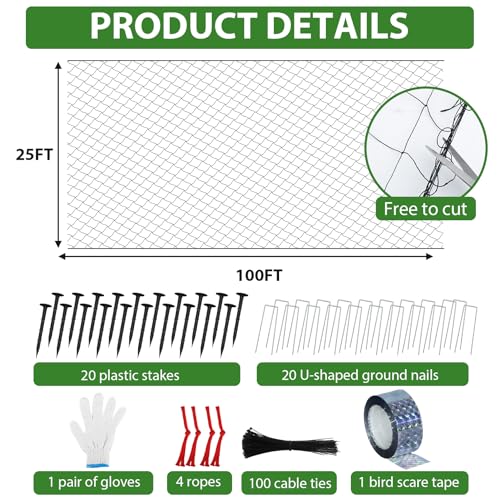 Unves 25 x 100 Ft Bird Netting, 2.4" Square Mesh Bird Net for Chicken Coop | Nylon Heavy Duty Poultry Netting Garden Protection for Chicken Run, Protect Plants Fruit Trees from Deer and Animal - size: 25' x 100'