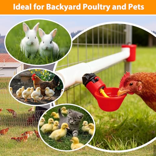 6 Packs Chicken Waterer Cups with PVC Tee Fittings, 1/8 Inch FTP Threads | Keep Clean Water, Automatic Poultry Feeder Cups Water Feeder for for DIY 1/2" Pipe System Chicks, Duck, Goose, Quail
