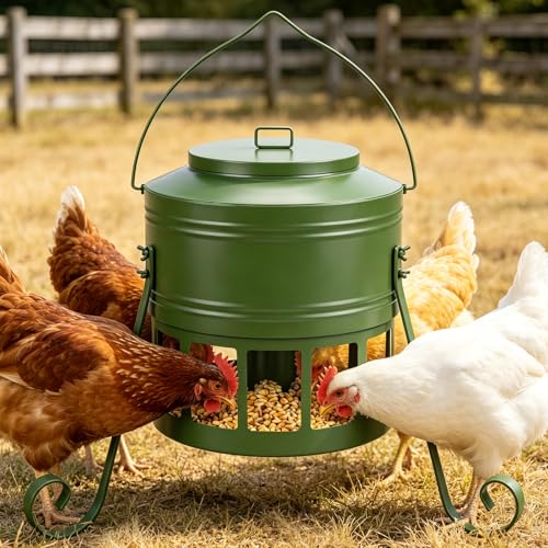 Metal Chicken Feeder, 20Lbs Large No Waste Chicken Feeder with 12 Ports, Heavy Duty Poultry Feeder with Lid & Handle, Rat Proof Rust Proof Feed Box for Chickens Ducks Geese Backyard Farm (Green) - color: Green