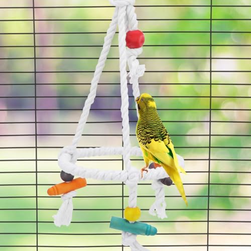 Hypeety Bird Swing Cotton Rope Round Hanging Hammock Perch Toy for Parakeet | Durable stainless steel ring with colorful beads, easy-hanging, stable ring struction, for budgies/conures/quakers, white