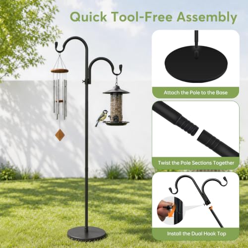 63" Double Shepherds Hooks for Outdoor, Freestanding Adjustable Shepherds Hook with Base, Metal Bird Feeder Pole for Wind Chimes, Hummingbird Feeders, Lanterns, Hanging Plants, Indoor Outdoor Decor