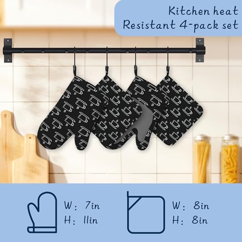Tea Cups Oven Mitts and Pot Holders Sets,Extra Long Black Kitchen Mittens for Cooking,Thick Cotton Heat Resistant Silicone Cooking Utensils Set for Baking Cooking Grilling - color: Tea Cups