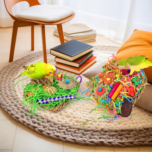 KATUMO Bird Toys - Parrot Grass Mat Foraging Wall Toys Shredder for Cockatiel, Conure, Lovebird, Budgie, Parakeet - Small Medium Birds - color: Green+Colorful