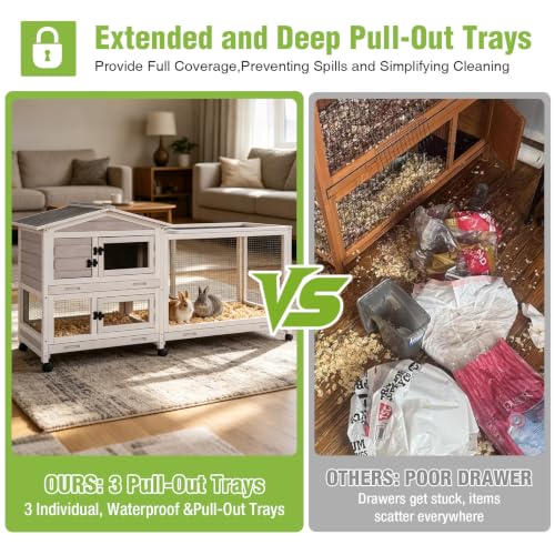 Rabbit Hutch with Wheels, Chew-Resistant Ramp & Leakproof Tray | Aluminum-reinforced ramp resists chewing; 3 removable trays pull out from front/back; 6 access doors for easy cleaning - color: Gray with Run