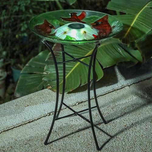 MUMTOP Glass Bird Bath Solar Birdbath with Metal Stand Outdoor Garden Decor | 20" Height 16" Diameter Garden Cardinals Large Glass BirdBaths Bird Feeder Bowl with Solar Light for Lawn Yard Garden Decor - color: Red-Green