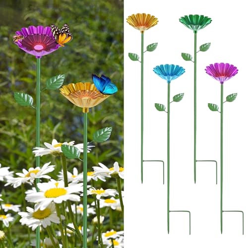 M METERXITY 4-Pack Bee Watering Station, 64cm/25 Inch Iron Bee Bath for Garden Water Feeder, Colorful Butterfly Bath Bowl for Outdoor/Garden/Yard Decor [4 Colors] - color: Yellow, magenta, blue, green