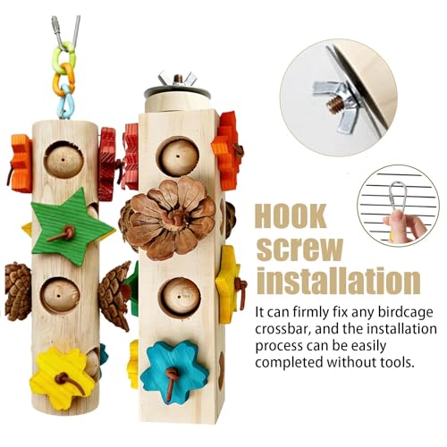 2 Pcs Wooden Bird Chew Toys(Round and Square) | with Colorful Wood Blocks Pine Cones Parakeet Chew Foraging Toy for Beak-Grinding,Cage Accessories - color: Colorful