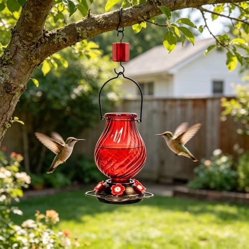 32 oz Glass Hummingbird Feeders for Outdoors Hanging,Large Capacity Hummingbird Feeder with Ant Moat and 5 Flower Feeding Ports,Birthday Gifts for Mom Dad,Outdoor Garden Decor,Red - color: Red-B