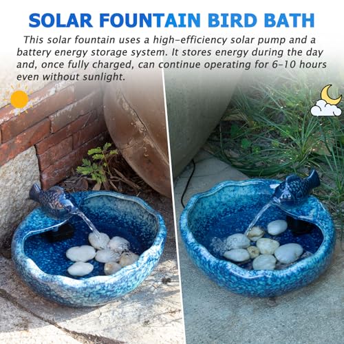 Ceramic Solar Bird Bath Fountain with Battery Backup,Solar Fountain Outdoor | Birdbath Fountain ,Solar Water Fountain for Garden, Patio & Yard Decor,Working at Night for at Least 6 Hours (Koi Fish).