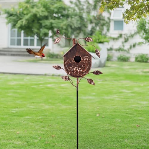 DREAMSOUL 48" Birdhouse with 1.6" Hole, Vintage Bird House Pole for Patio | Metal Bird Houses for Outside Yard Art, Weatherproof Finish, Outdoor Backyard Accent, Ornamental Aviary Style - style: Antique