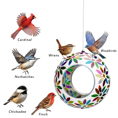 VCUTEKA Bird Feeder Fly Through Mosaic Hanging Birdfeeders for Garden Decor | 7 inch Mosaic Glass Bird Feeeder for Outdoors, Round Shape Glass Container to Attract Wild Birds for Backyard Porch Decor - color: White