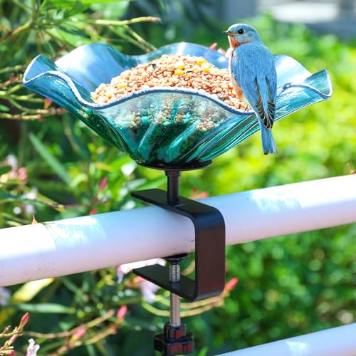 Deck Mounted Bird Bath for Outdoors, Glass BirdBaths Bowl for Garden | Blue Glass Bird Baths Bowl with Adjustable Sturdy Steel Fence Clamp for Garden Patio Lawn Yard Deck Balcony Railing - color: Blue