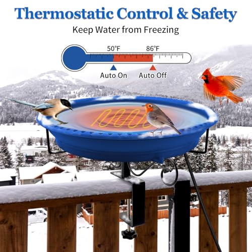 Lovppy Heated Bird Baths for Outdoors for Winter, 100W Heated Bird Bath Water Heater with Thermostatically Controlled, Heated Bird Bath for Deck Railing Outside Garden Patio Yard (Blue) - color: Blue