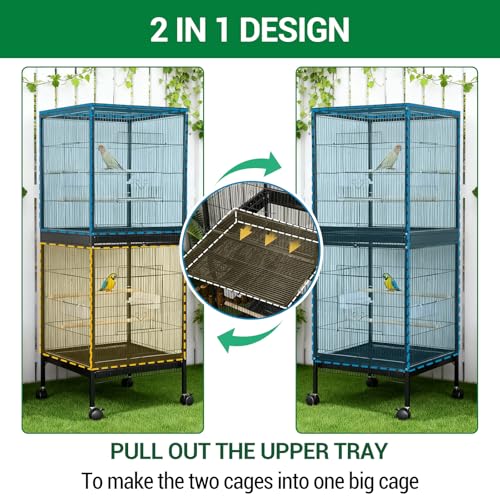 Parrot Cage, 55 Inch, 2 in 1, Cockatiel Cage, Parakeet Cage, Bird Cage with Stackable Metal Design, Slide-Out Tray & Wooden Perches, Indoor Birdcage for Canary, Lovebird, Budgie - size: 52.5*50*143cm