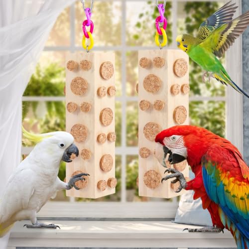 Bird Foraging Toy Parakeet Toys for Budgie, Conure, Cockatiel, Lovebird, and Small to Medium Parrots, 2 Pack Hanging Parrot Toy with 92 Detachable Corks, Natural Wood