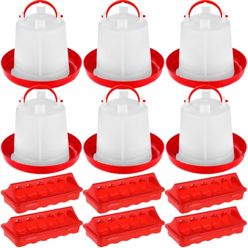 Funnymoom 12 Pack Chicken Feeder and Waterer Set Bird Small Poultry Feeder Flip Top Bird Small Poultry Feeding for Pigeon Chick Drinker Duckling Quail Feeding Dispenser(Red,6 Holes) - color: Red, style: 6 Holes