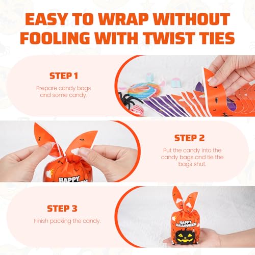 Fruasio 100PCS Halloween Treat Bags with Bunny Ear Ties, Black Cat Designs - color: Purple