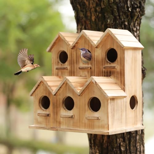 Wooden Bird Houses for Outside, 8 Room Hanging Birdhouse, Large Bird House for Bluebird Finch Cardinals, Decorative Outdoor Bird Nesting Box