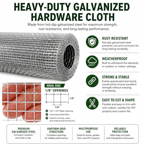 Galvanized Hardware Cloth 1/8 Inch Wire Mesh Roll – Ideal for Garden Fencing, Chicken Coops, DIY Projects, and Beekeeping (24in x 20ft)