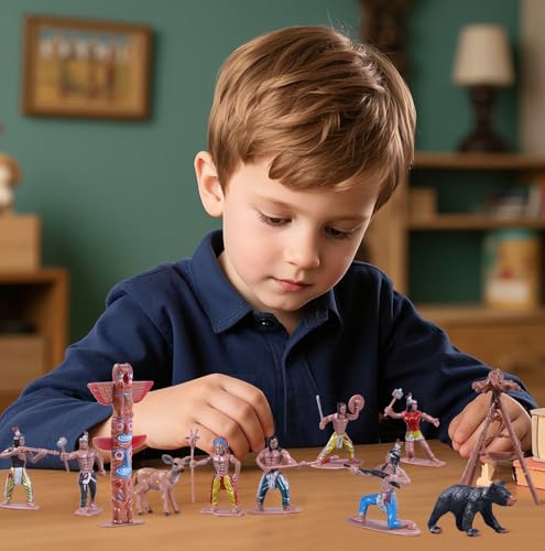 31Pcs Native American Figures Set, School Project Diorama for Kids | Realistic Indian Village Educational History Toys with Tepees, Totems and Fences, Ideal Teaching, Pretend Play and Kids Gifts - style: Native